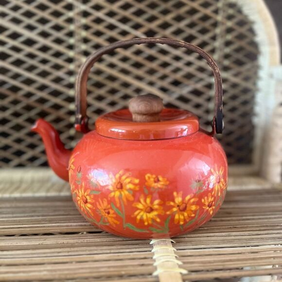 Vintage Enameled Tea Kettle Pot Japan Teak Handle Flower Power Floral AS IS - Picture 3 of 10